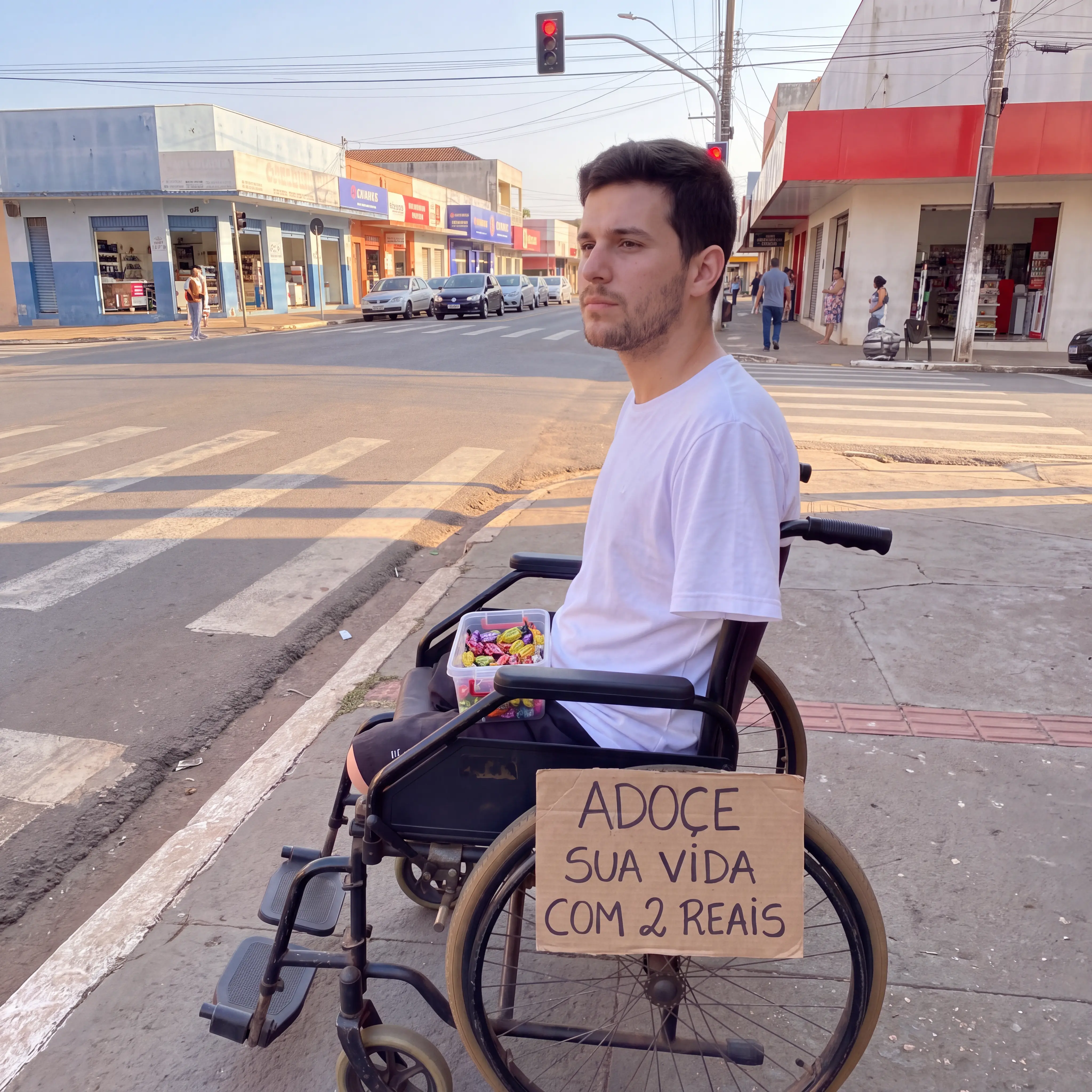 Bruno na cadeira de rodas, na rua, com doces e uma placa dizendo Adoce sua vida com 2 reais